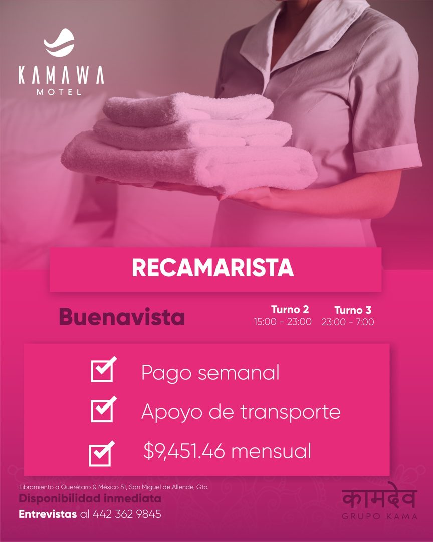 Banner del anuncio de la vacante: KAAWA · MOTEL · RECAMARISTA · Buenavista · Turno 2 · 15:00 - 23:00 · Turno 3 · 23:00 - 7:00 · Pago semanal · Apoyo de transporte · $9,451.46