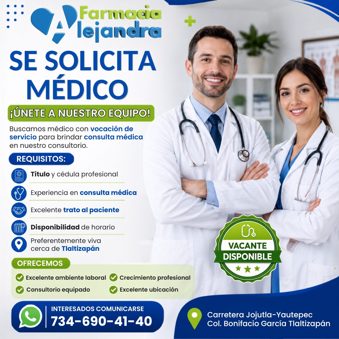 Banner del anuncio de la vacante: Alejancia · SE SOLICITA · MÉDICO · ¡ÚNETE A NUESTRO EQUIPO! · Buscamos médico con vocación de · servicio para brindar consulta médica · en n