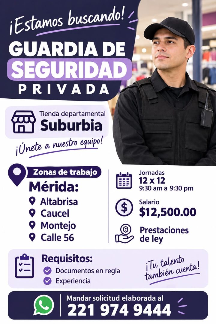 Banner del anuncio de la vacante: ¡Estamos buscando! · GUARDIA DE · SEGURIDAD · PRIVADA · Tienda departamental · Suburbia · ¡Únete a nuestro equipo! · Zonas de trabajo · Méri