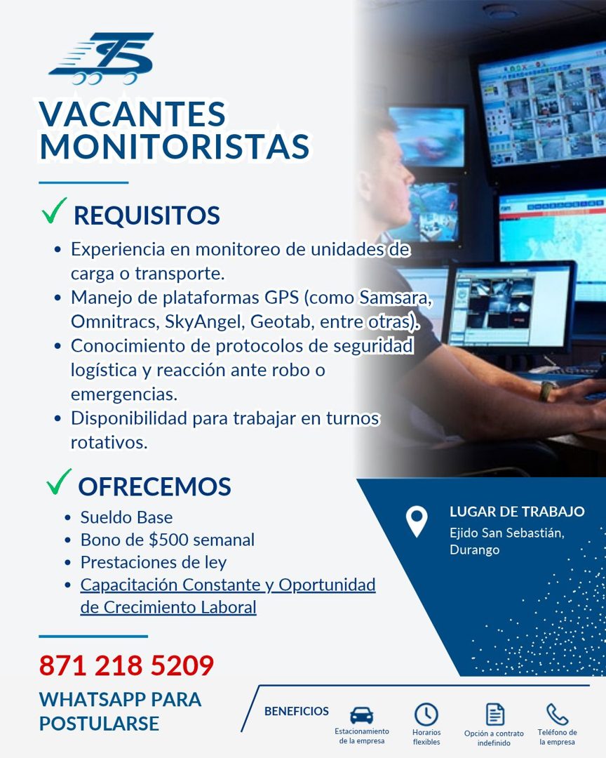 Banner del anuncio de la vacante: VACANTES · MONITORISTAS · V REQUISITOS · • Experiencia en monitoreo de unidades de · carga o transporte. · • Manejo de plataformas GPS (como
