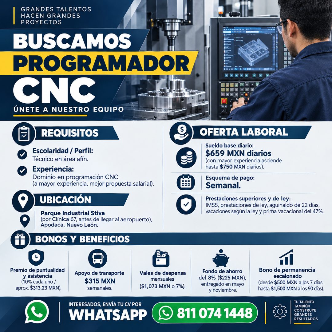 Banner del anuncio de la vacante: GRANDES TALENTOS · HACEN GRANDES · PROYECTOS · BUSCAMOS · PROGRAMADOR · CNC · ÚNETE A NUESTRO EQUIPO · REQUISITOS · Escolaridad / Perfil: · 