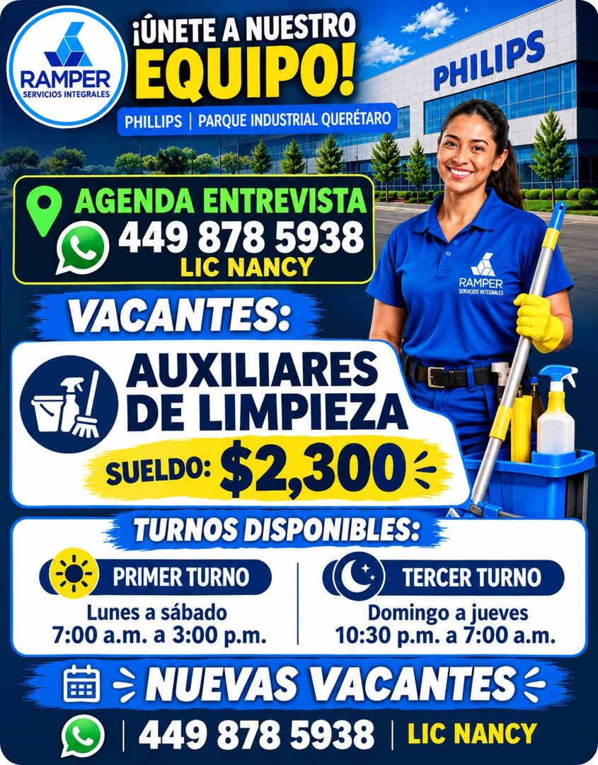 Banner del anuncio de la vacante: RAMPER · SERVICIOS INTEGRALES · •UNETE A NUESTRO · EQUIPO! · PHILLIPS | PARQUE INDUSTRIAL QUERÉTARO · PHILIPS · AGENDA ENTREVISTA · 449 878 