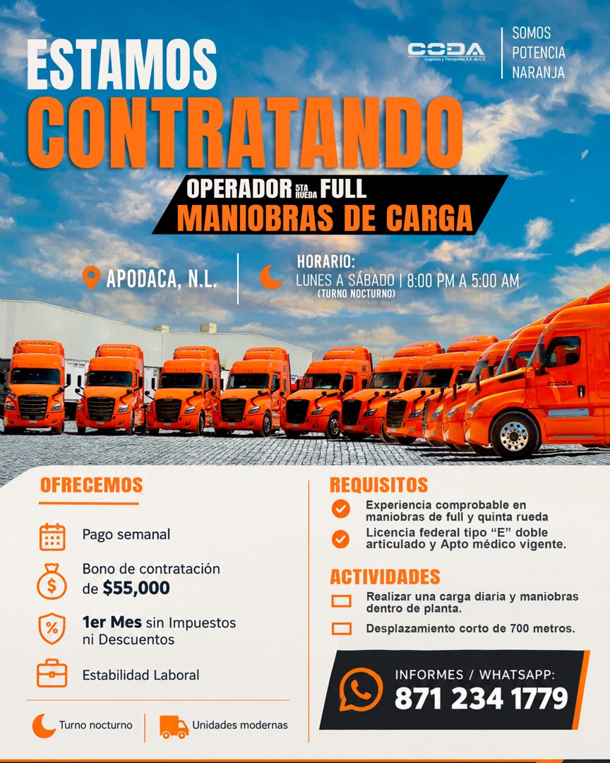 Banner del anuncio de la vacante: ESTAMOS · COPA · Logistica y Transportes S.A. de C.V. · CONTRATANDO · OPERADOR FilON FULL · MANIOBRAS DE CARGA · HORARIO: · APODACA, N.L. · 