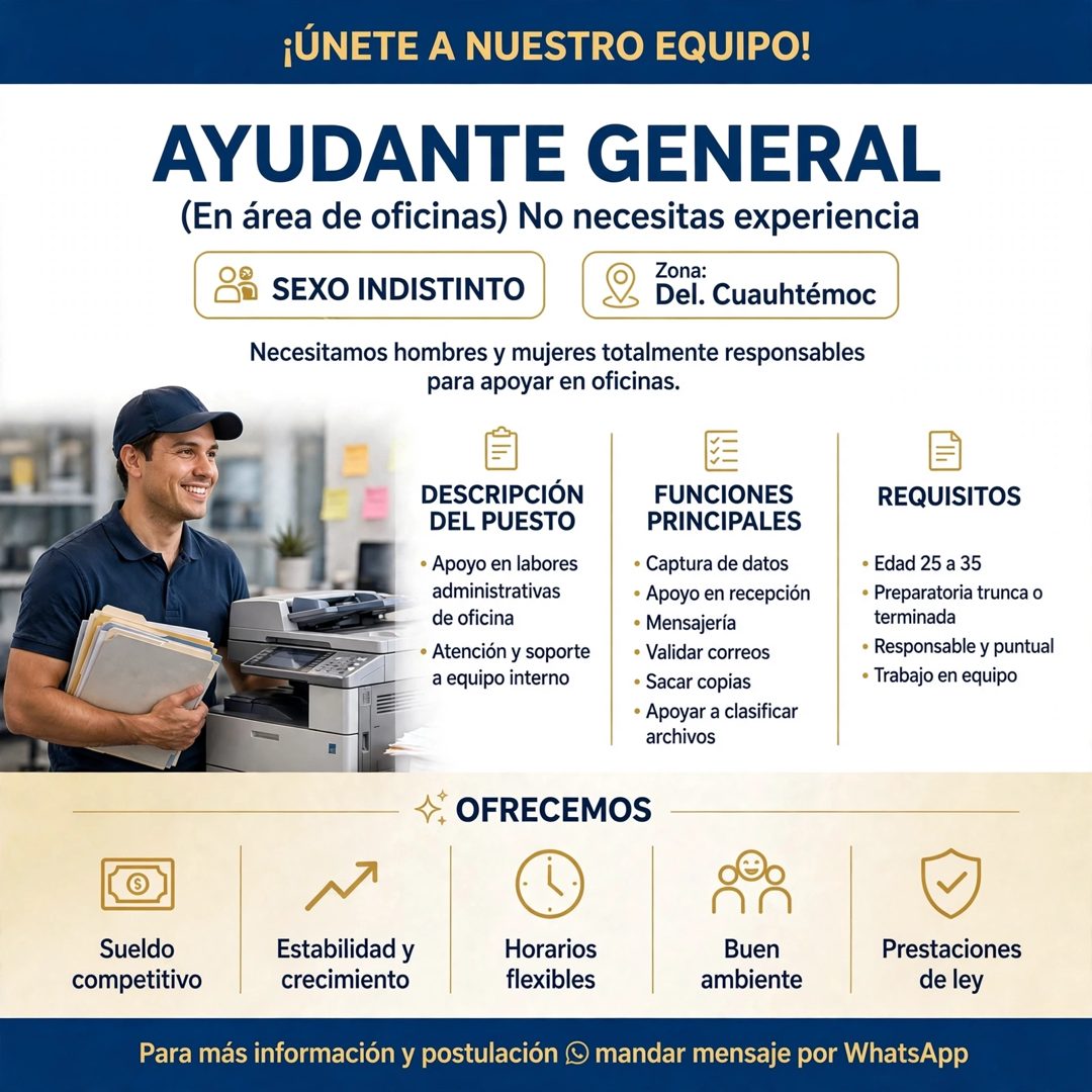Banner del anuncio de la vacante: ¡ÚNETE A NUESTRO EQUIPO! · AYUDANTE GENERAL · (En área de oficinas) No necesitas experiencia · SEXO INDISTINTO · Zona: · Del. Cuauhtémoc · N