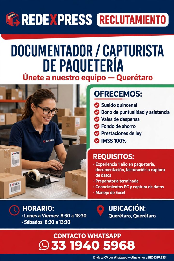 Banner del anuncio de la vacante: ≥ REDEXPRESS (RECLUTAMIENTO · DOCUMENTADOR / CAPTURISTA · DE PAQUETERIA · Únete a nuestro equipo - Querétaro · EXPRESS · EXPRESS · FE REDEX 