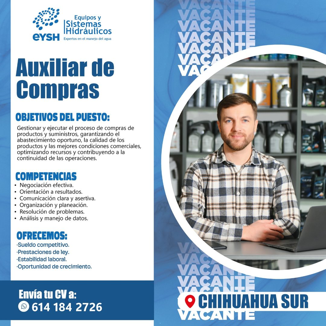 Banner del anuncio de la vacante: eYSH · Equipos y · Sistemas · Hidráulicos · Expertos en el manejo del agua · VA · VA · Auxiliar de · Compras · OBJETIVOS DEL PUESTO: · Gesti