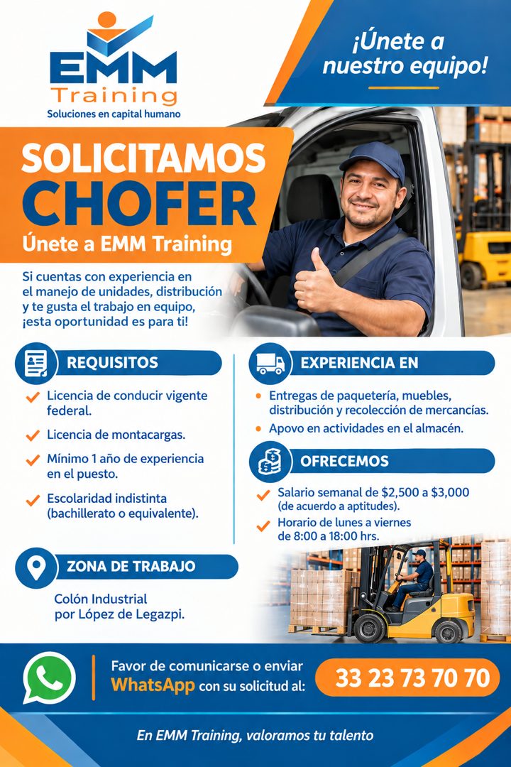 Banner del anuncio de la vacante: EM · Training · Soluciones en capital humano · SOLICITAMOS · CHOFER · Únete a EMM Training · Si cuentas con experiencia en · el manejo de un