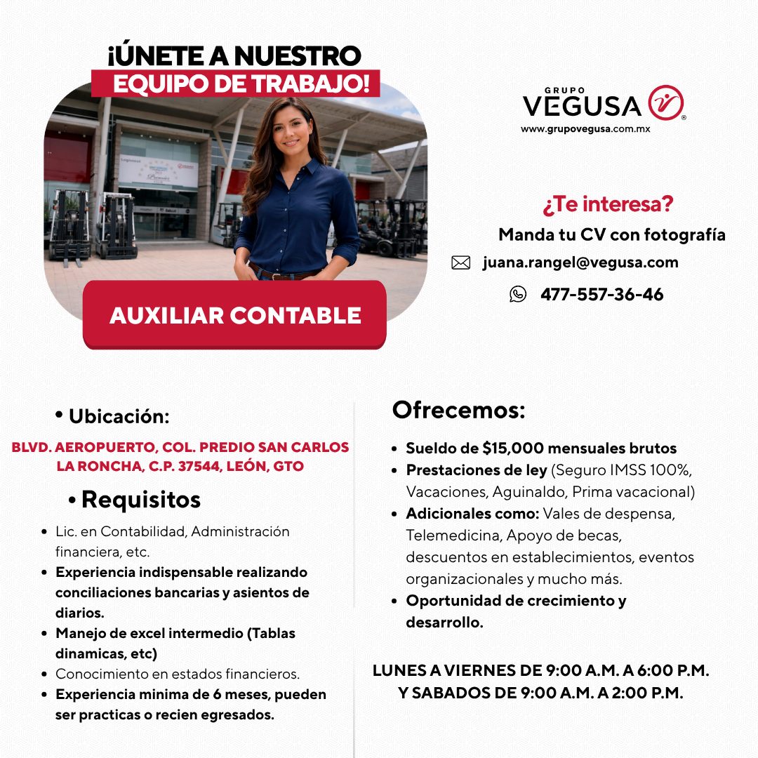 Banner del anuncio de la vacante: ¡ÚNETE A NUESTRO · EQUIPO DE TRABAJO! · RUP · VEGUSA · www.grupovegusa.com.mx · ¿Te interesa? · Manda tu CV con fotografía · juana.rangel@ve