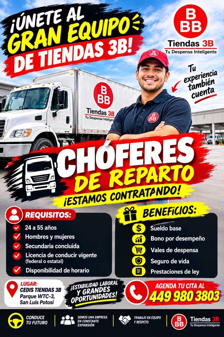 Banner del anuncio de la vacante: ¡ÚNETE AL · GRAN EQUIPO= · DE TIENDAS 3B! · BB · B · BB · Tiendas 3B · Tu Despensa Inteligente · Ти · experiencia · también · cuenta · B · B