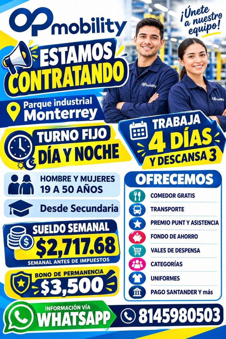 Banner del anuncio de la vacante: OP mobility · ESTAMOS L · CONTRATANDO · Parque industrial · Monterrey · TURNO FIJO · DÍA Y NOCHE · HOMBRE Y MUJERES · 19 A 50 AÑOS · Desde S