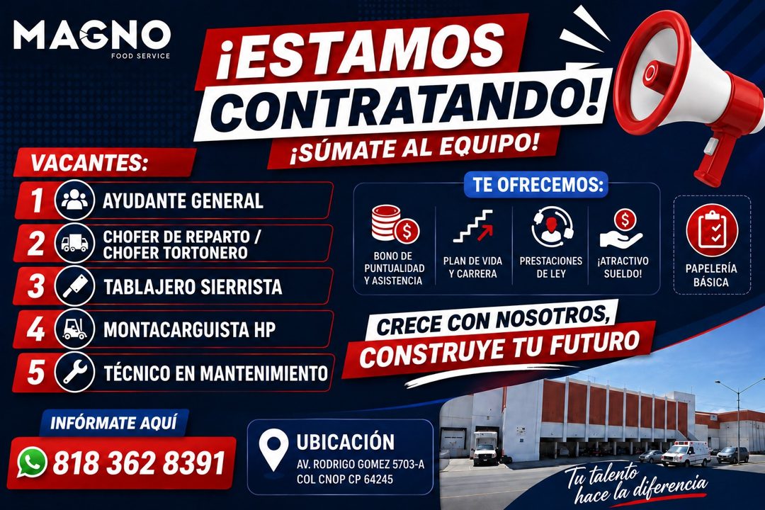 Banner del anuncio de la vacante: MAGNO · FOOD SERVICE · ¡ESTAMOS · CONTRATANDO! · ¡SÚMATE AL EQUIPO! · TE OFRECEMOS: · VACANTES: · 1 · 2 · 3 · 4 · 5 · AYUDANTE GENERAL · CHO