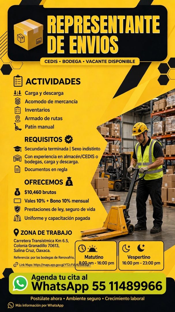 Banner del anuncio de la vacante: REPRESENTANTE · DE ENVIOS · CEDIS • BODEGA • VACANTE DISPONIBLE · ACTIVIDADES · Carga y descarga · Acomodo de mercancía · Inventarios · Arma
