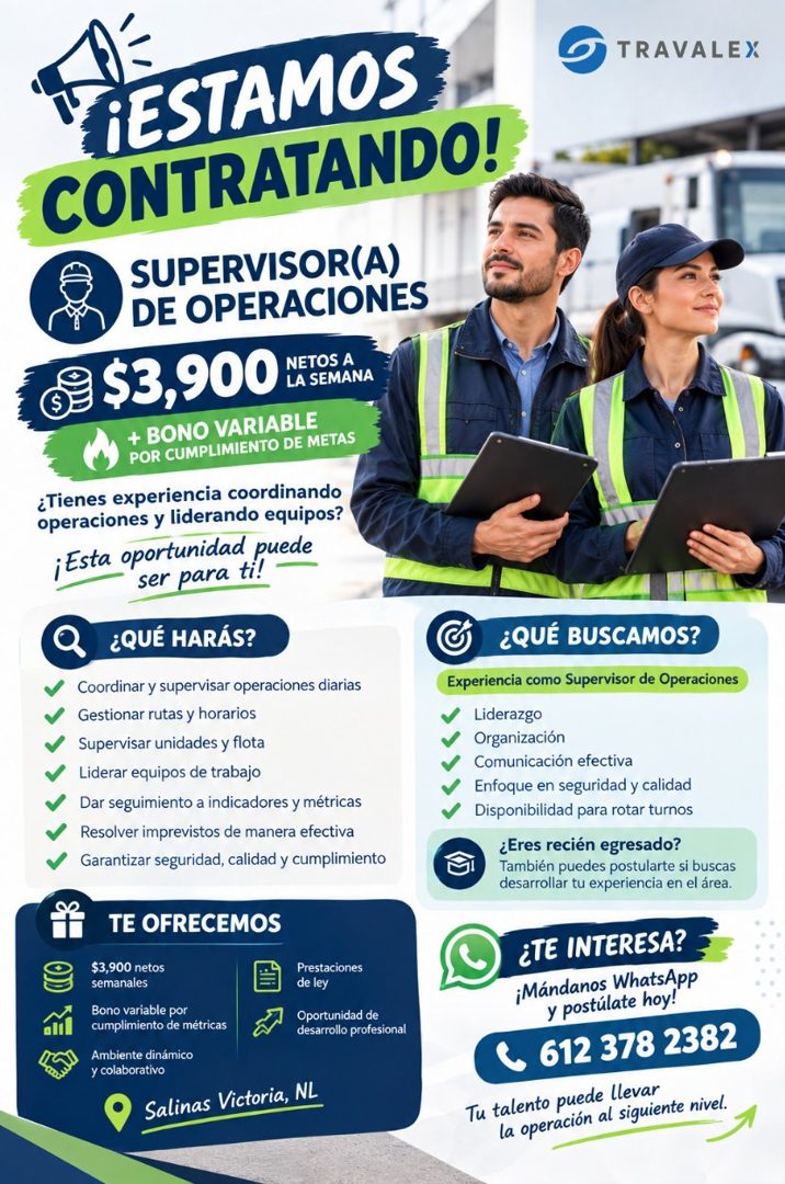 Banner del anuncio de la vacante: ¡ESTAMOS · CONTRATANDO! · SUPERVISOR(A) · DE OPERACIONES · NETOS A · TRAVALEX · + BONO VARIABLE · POR CUMPLIMIENTO DE METAS · ¿Tienes experi