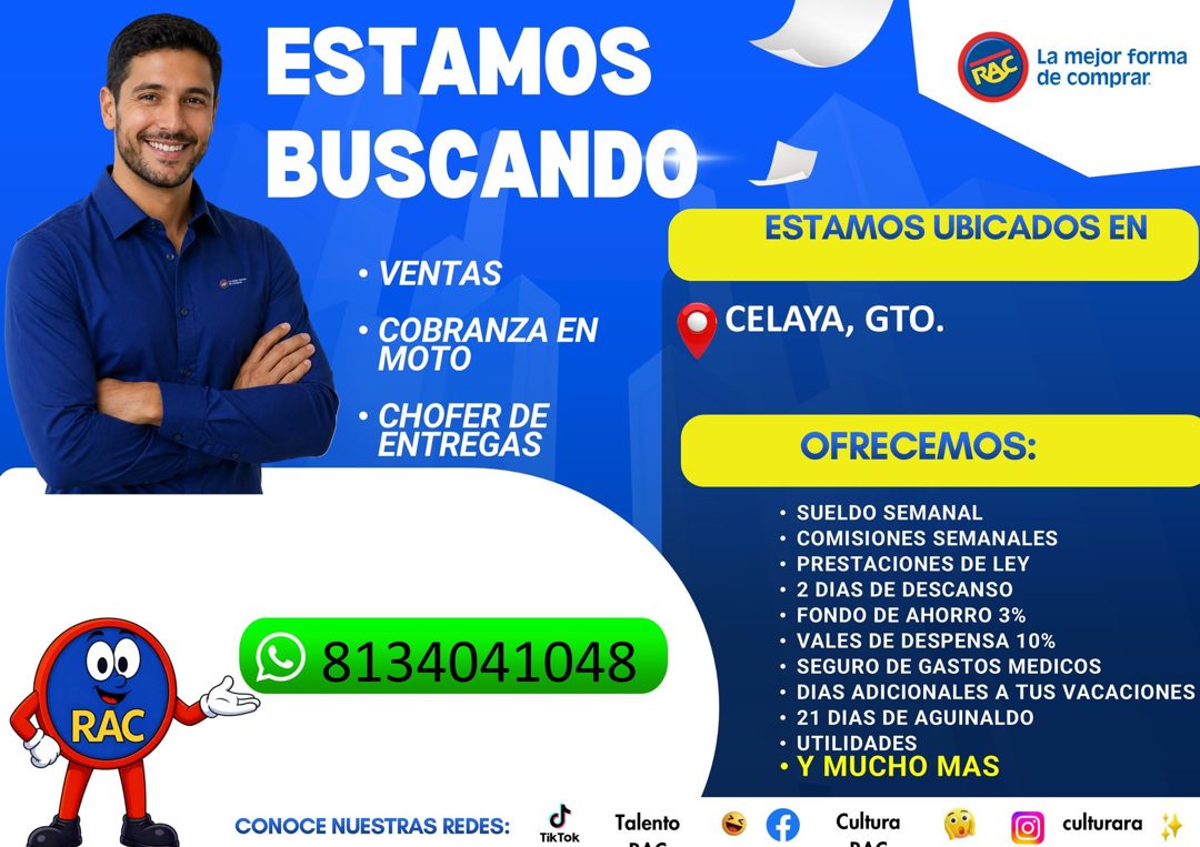 Banner del anuncio de la vacante: ESTAMOS · BUSCANDO · La mejor forma · de comprar. · ESTAMOS UBICADOS EN · • VENTAS · • COBRANZA EN · MOTO · • CHOFER DE · ENTREGAS · CELAYA,