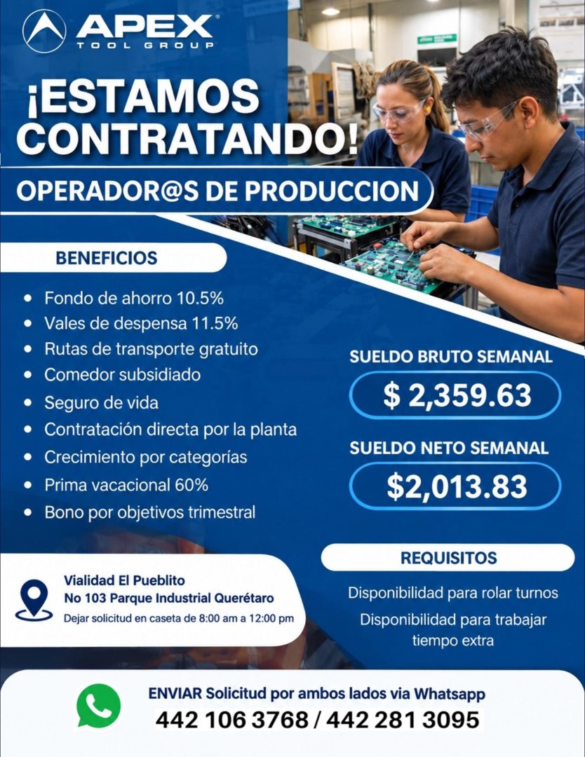 Banner del anuncio de la vacante: APEX® · TO OL GROUP · ¡ESTAMOS · CONTRATANDO! · OPERADOR@S DE PRODUCCION · BENEFICIOS · • Fondo de ahorro 10.5% · • Vales de despensa 11.5% 