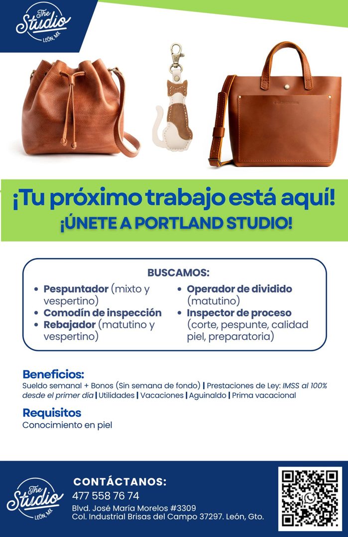 Banner del anuncio de la vacante: Studio · L PORTANO LENTE, 0:003 · ¡Tu próximo trabajo está aquí! · ¡ÚNETE A PORTLAND STUDIO! · • Pespuntador (mixto y · vespertino) · • Como