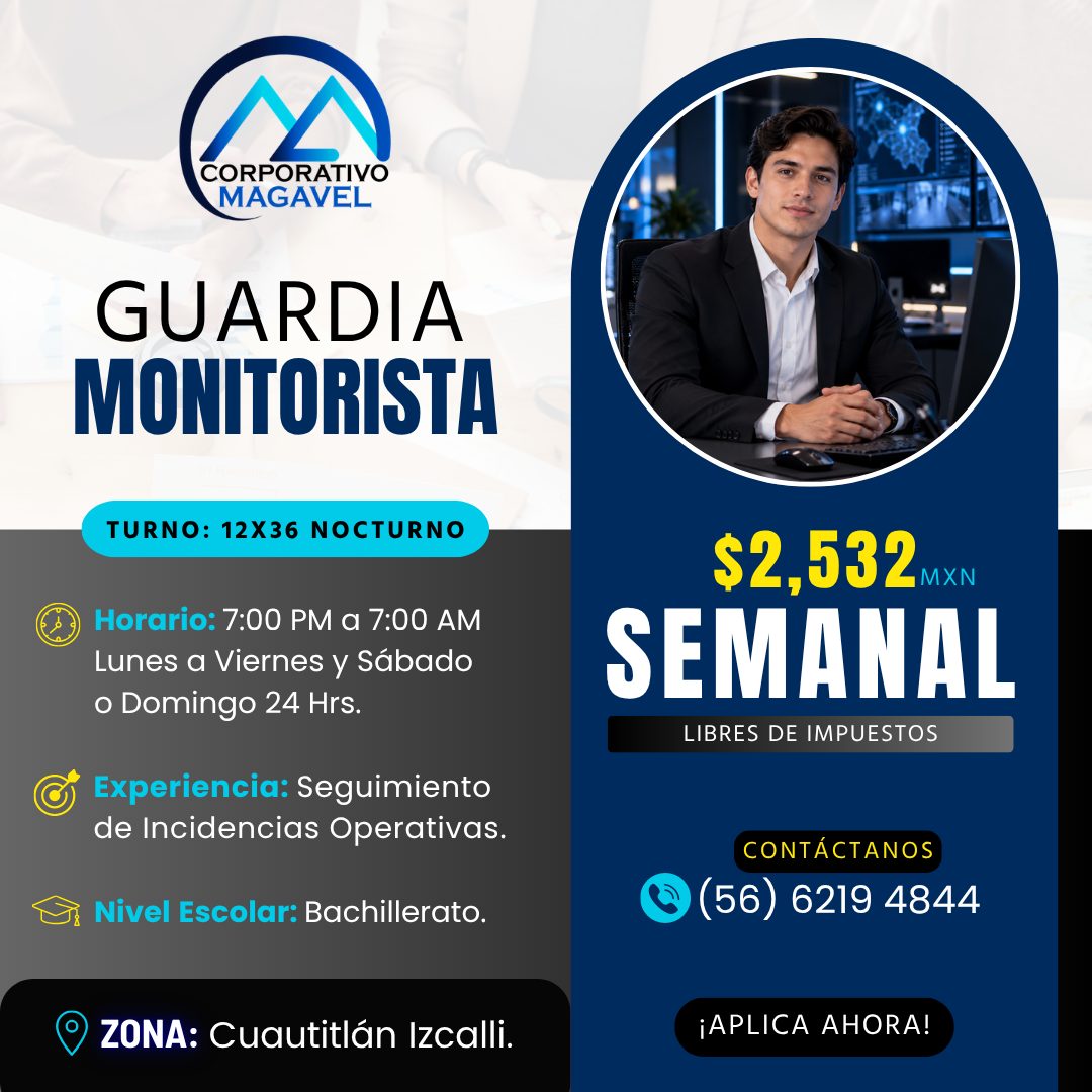 Banner del anuncio de la vacante: CORPORATIVO · MAGAVEL · GUARDIA · MONITORISTA · TURNO: 12X36 NOCTURNO · Horario: 7:00 PM a 7:00 AM · Lunes a Viernes y Sábado · o Domingo 24