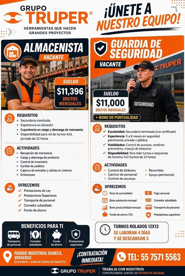 Banner del anuncio de la vacante: GRUPO · TRUPER® · ¡ÚNETE A · HERRAMIENTAS QUE HACEN · GRANDES PROYECTOS · NUESTRO EQUIPO! · ALMACENISTA · VACANTE · GUARDIA DE · SEGURIDAD ·