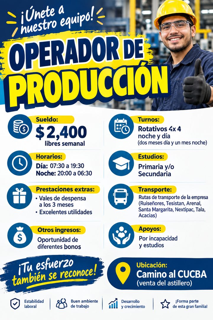 Banner del anuncio de la vacante: ¡Únete a · nuestro equipo! · OPERADOR DE · PRODUCCIÓN · Sueldo: · $2,400 · libres semanal · Horarios: · Día: 07:30 a 19:30 · Noche: 20:00 a 