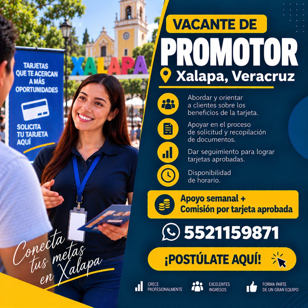 Banner del anuncio de la vacante: TARJETAS · QUE TE ACERCAN · A MÁS · OPORTUNIDADES · KATARA · M60010) · SOLICITA · TU TARJETA · AQUÍ · Conecta · Tus · metas · en · Xalapa · 