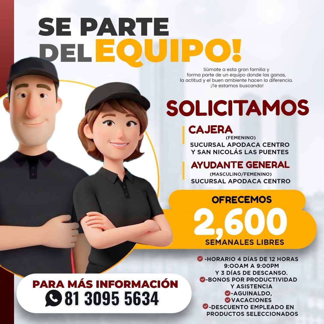 Banner del anuncio de la vacante: SE PARTE · DELEQUIPO! · Súmate a esta gran familia y · forma parte de un equipo donde las ganas, · la actitud y el buen ambiente hacen la di