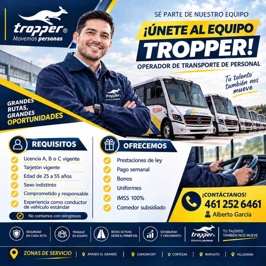 Banner del anuncio de la vacante: troppero · Movemos personas · SÉ PARTE DE NUESTRO EQUIPO · ¡ÚNETE AL EQUIPO · TROPPER! · OPERADOR DE TRANSPORTE DE PERSONAL · Tu talento · t