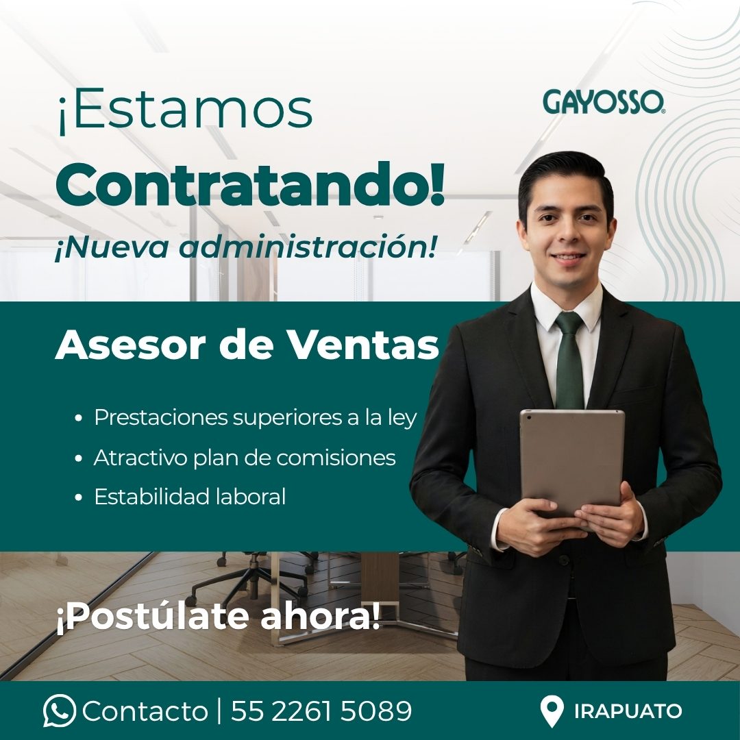 Banner del anuncio de la vacante: ¡Estamos · Contratando! · ¡Nueva administración! · Asesor de Ventas · • Prestaciones superiores a la ley · • Atractivo plan de comisiones · 