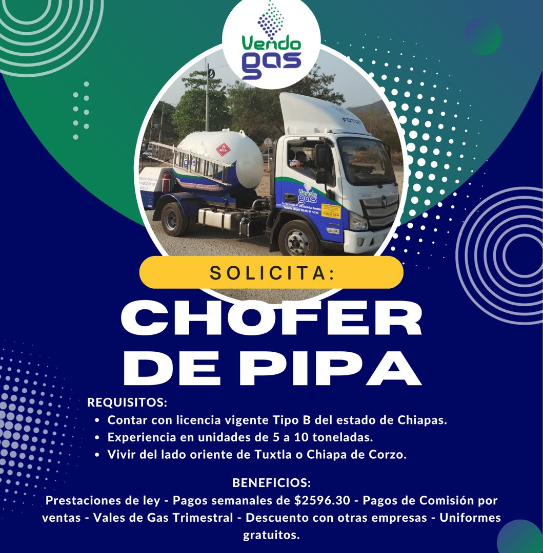 Banner del anuncio de la vacante: Verdo · gas · FOTOR · ERVIDO PARA LA · S/RIBUCION DE · GAS L.P · Pas · De. Oliga: T: M1 M1 1 €344 · SOLICITA: · CHOFER · DE PIPA · REQUISITO