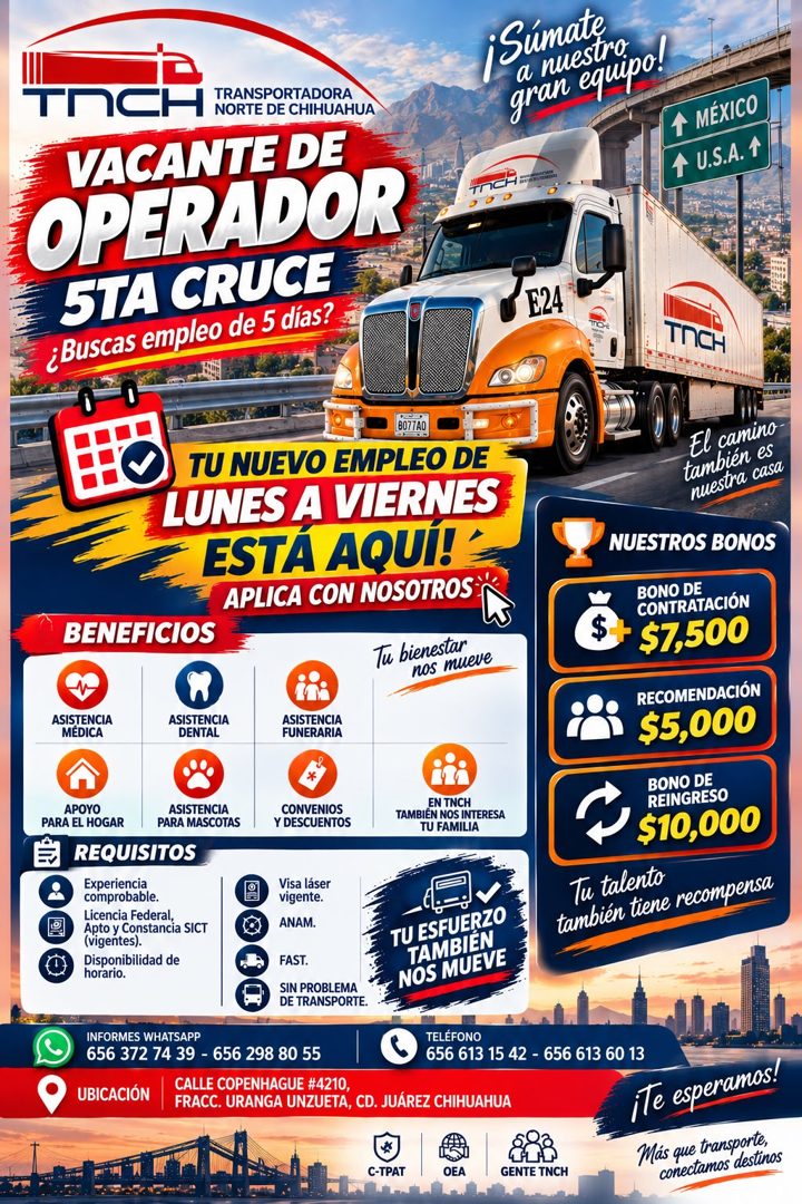 Banner del anuncio de la vacante: THCH · TRANSPORTADORA · NORTE DE CHIHUAHUA · VACANTE DE · OPERADOR · 5TA CRUCE · ¿Buscas empleo de 5 días? · 0 0 · Sumate, · a nuestro · gra