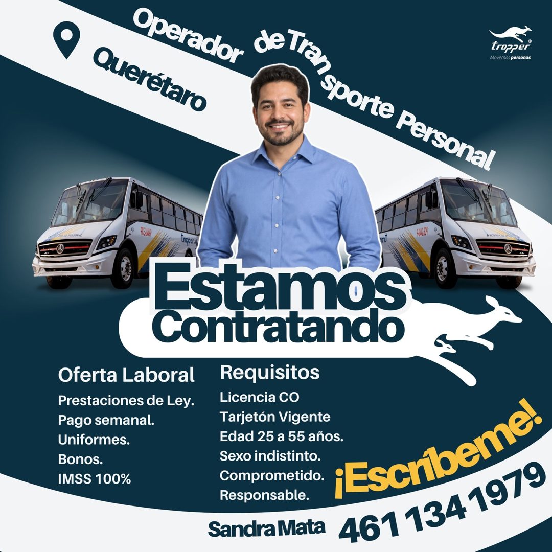 Banner del anuncio de la vacante: trupper · Movemos personas · Operador · de Transporte Personal · Querétaro · ORTE DE PERSONAL · Troper 4y · Estamos · Contratando · JI M0883