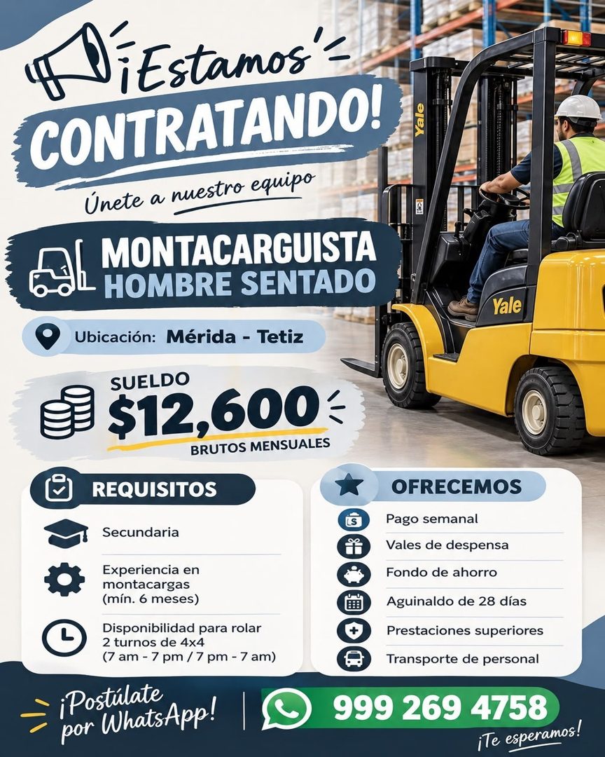 Banner del anuncio de la vacante: SiEstamos · CONTRATANDO! · Únete a nuestro equipo · Yale · MONTACARGUISTA · EL MONTACARGUISDO · - HOMBRE SENTADO · Yale · Ubicación: Mérida 
