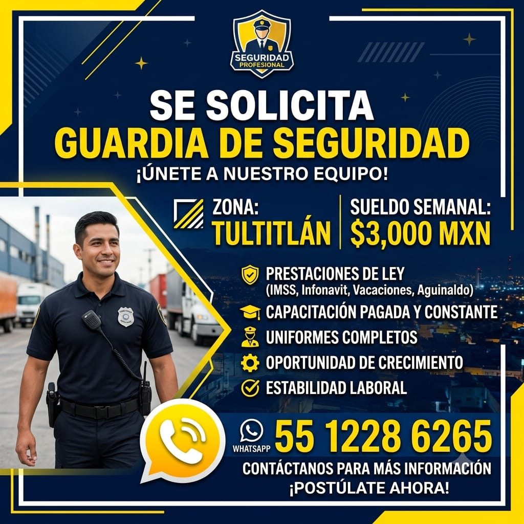 Banner del anuncio de la vacante: SEGURIDAD · PROFESIONAL · SE SOLICITA · GUARDIA DE SEGURIDAD · ¡ÚNETE A NUESTRO EQUIPO! · ZONA: · SUELDO SEMANAL: · TULTITLÁN | $3,000 MXN ·