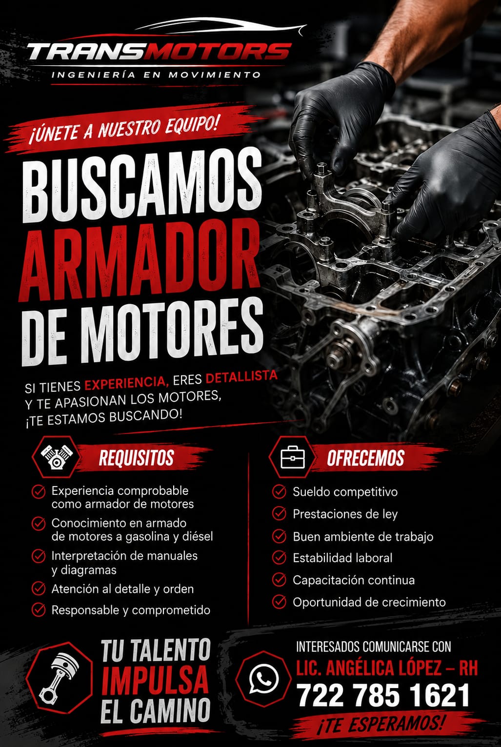 Banner del anuncio de la vacante: TRANSMOTORS · INGENIERÍA EN MOVIMIENTO · ¡ÚNETE A NUESTRO EQUIPO! · BUSCAMOS · ARMADOR · DE MOTORES · SI TIENES EXPERIENCIA, ERES DETALLISTA