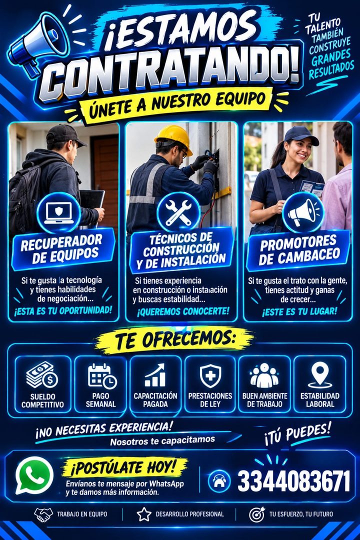 Banner del anuncio de la vacante: ¡ESTAMOS · TU · TALENTO · CONTRATANDO! · TAMBIEN · CONSTRUYE · GRANDES · RESULTADOS · ÚNETE A NUESTRO EQUIPO · RECUPERADOR · DE EQUIPOS · Si