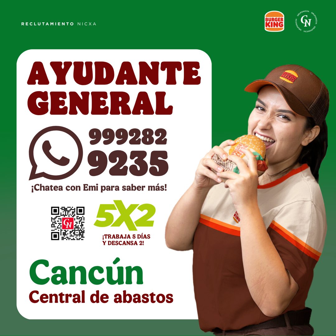 Banner del anuncio de la vacante: RECLUTAMIENTO NICXA · BURGER · KING · GRUPONI · GRUPONICHA · GN · lindante · AYUDANTE · GENERAL · 999282 · 9235 · ¡Chatea con Emi para saber
