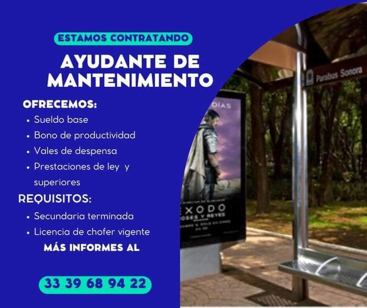 Banner del anuncio de la vacante: ESTAMOS CONTRATANDO · AYUDANTE DE · MANTENIMIENTO · OFRECEMOS: · DIAS · • Sueldo base · • Bono de productividad · • Vales de despensa · • Pr