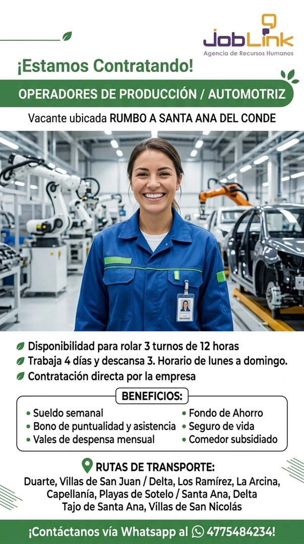 Banner del anuncio de la vacante: JobLink · Agencia de Recursos Humanos · ¡Estamos Contratando! · OPERADORES DE PRODUCCIÓN / AUTOMOTRIZ · Vacante ubicada RUMBO A SANTA ANA DE