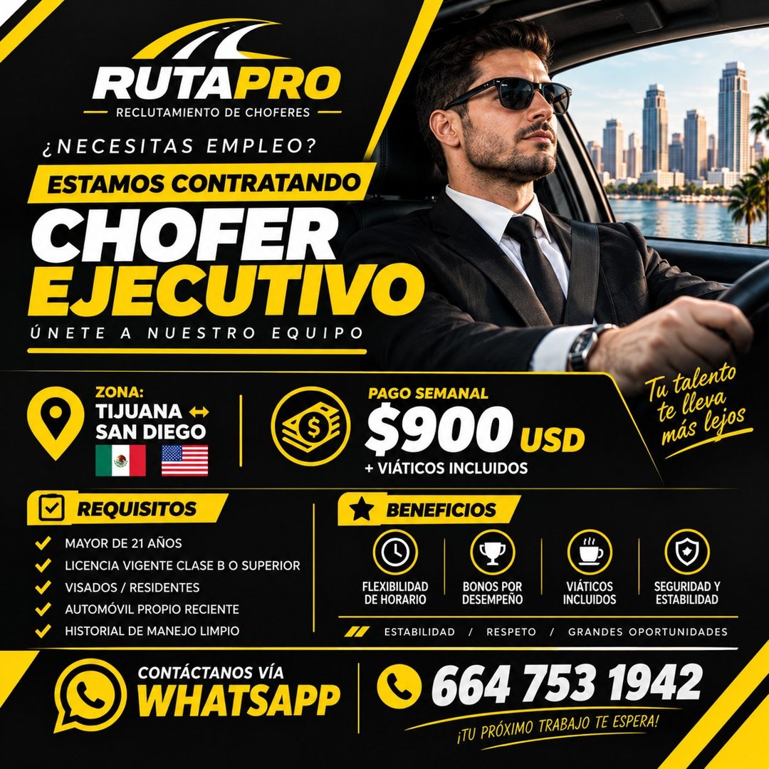 Banner del anuncio de la vacante: RUTAPRO · RECLUTAMIENTO DE CHOFERES — · ¿NECESITAS EMPLEO? · ESTAMOS CONTRATANDO · CHOFER · EJECUTIVO · ÚNETE A NUESTRO EQUIPO · ZONA: · TIJ