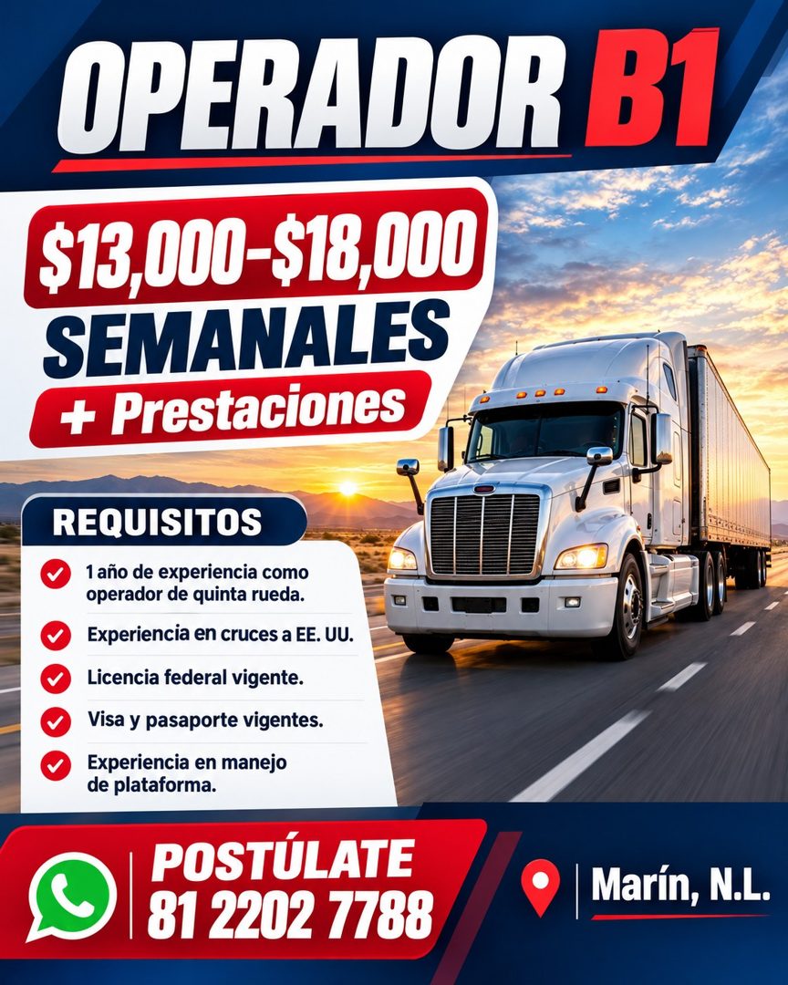 Banner del anuncio de la vacante: OPERADOR BI · $13,000-$18,000 · SEMANALES · + Prestaciones · REQUISITOS · 1 año de experiencia como · operador de quinta rueda. · Experienci