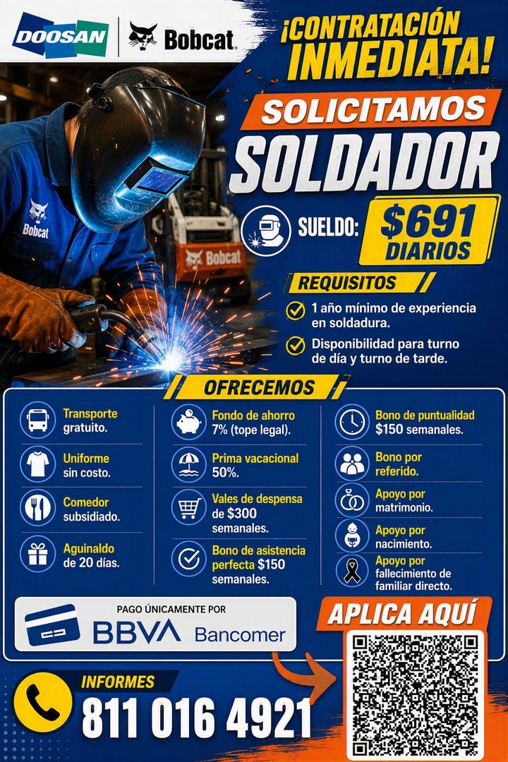 Banner del anuncio de la vacante: DOOSAN · Bobcat. · Bobcat · Bobcat · ¡CONTRATACIÓN · INMEDIATA! · SOLICITAMOS · SOLDADOR · SUELDO: · $691 · DIARIOS · REQUISITOS · 1 año mín