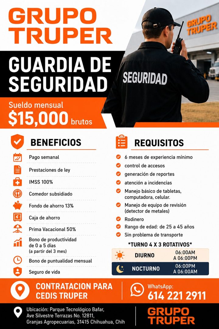 Banner del anuncio de la vacante: GRUPO · TRUPER · GUARDIA DE · SEGURIDAD · Sueldo mensual · $15,000 brutos · BENEFICIOS · Pago semanal · Prestaciones de ley · IMSS 100% · Co