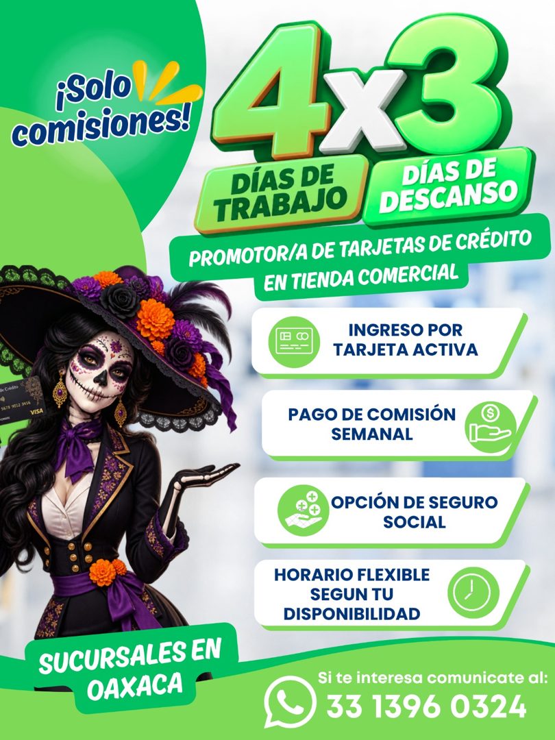 Banner del anuncio de la vacante: ¡Solo · comisiones! · 4,3 · DÍAS DE · DÍAS DE · TRABAJO · DESCANSO · PROMOTOR/A DE TARJETAS DE CRÉDITO · EN TIENDA COMERCIAL · INGRESO POR ·