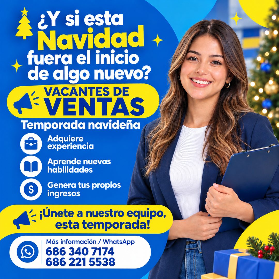 Banner del anuncio de la vacante: ¿Y si esta · Navidad · fuera el inicio · de algo nuevo? · VACANTES DE · -VENTAS · Temporada navideña · Adquiere · experiencia · Aprende nuev