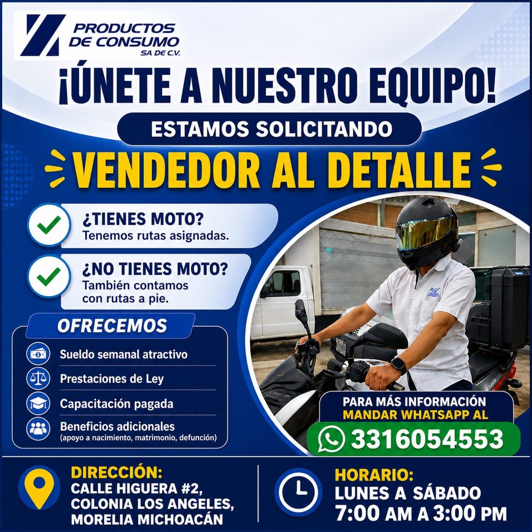 Banner del anuncio de la vacante: PRODUCTOS · DE CONSUMO · SA DE C.V. · ¡ÚNETE A NUESTRO EQUIPO! · ESTAMOS SOLICITANDO · •VENDEDOR AL DETALLE · ¿TIENES MOTO? · Tenemos rutas 
