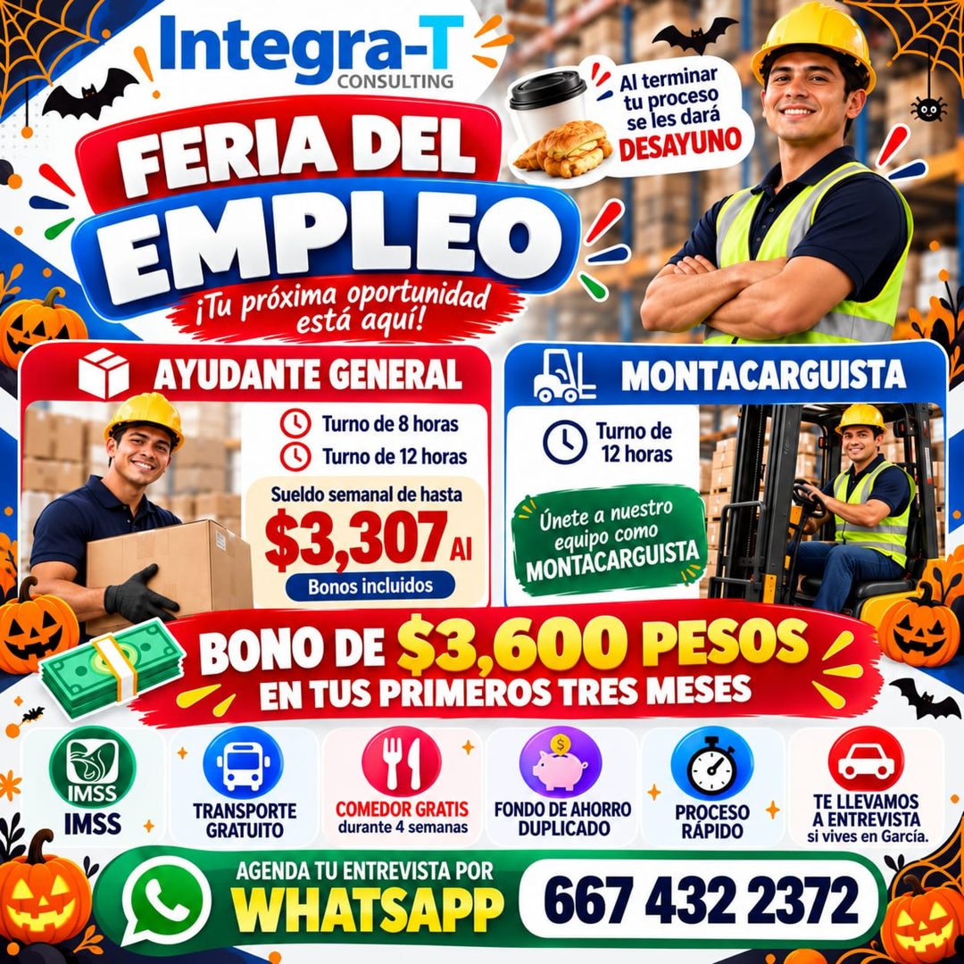 Banner del anuncio de la vacante: Integra-T · CONSULTING · FERIA DEL · Al terminar · tu proceso · se les dará · DESAYUNO · EMPLEO · ¡Tu próxima oportunidad · está aquí! · AYU