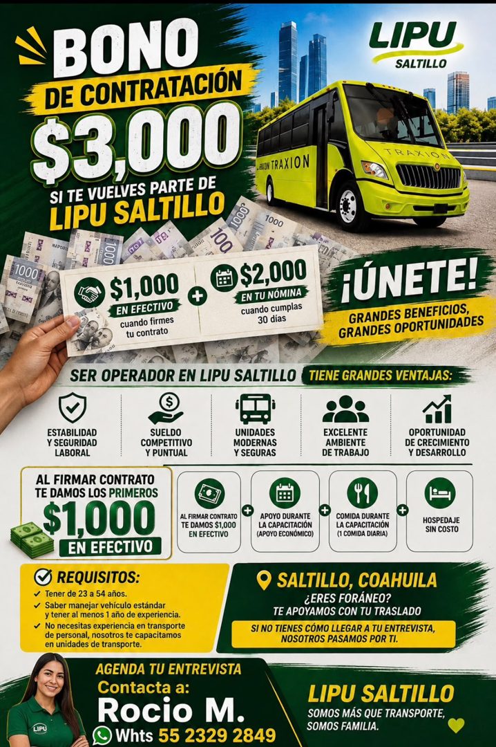 Banner del anuncio de la vacante: [1000k · ALETECC) · BONO · DE CONTRATACIÓN · $3,000 · SI TE VUELVES PARTE DE · LIPU SALTILLO · Deon · 1000 · 100 · $1,000 · EN EFECTIVO · cu
