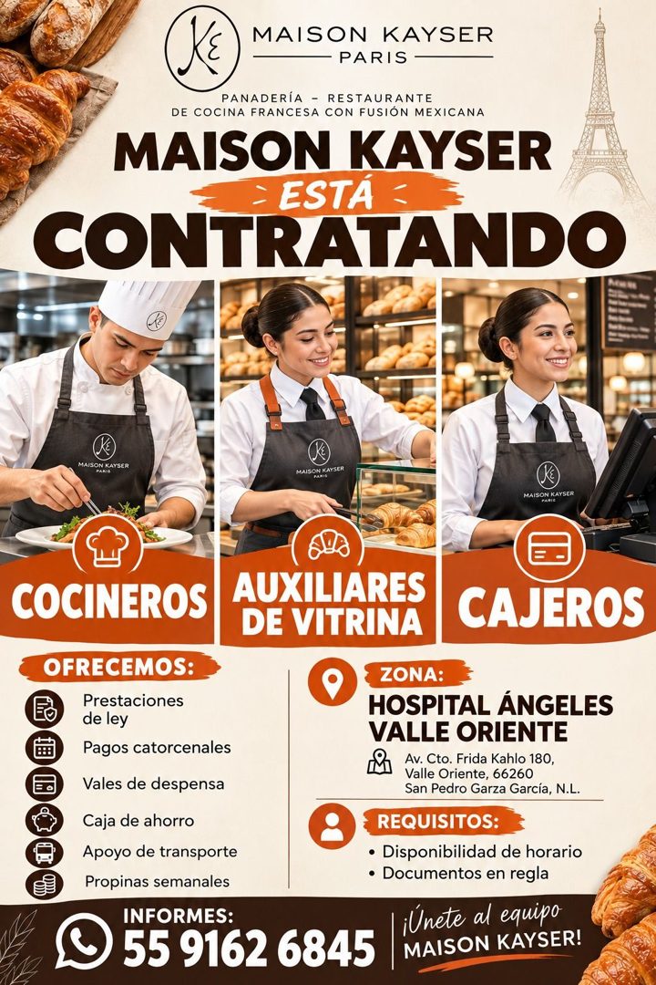 Banner del anuncio de la vacante: MAISON KAYSER · - PARIS - · PANADERÍA - RESTAURANTE · DE COCINA FRANCESA CON FUSIÓN MEXICANA · MAISON KAYSER · = ESTA : · CONTRATANDO · MAIS