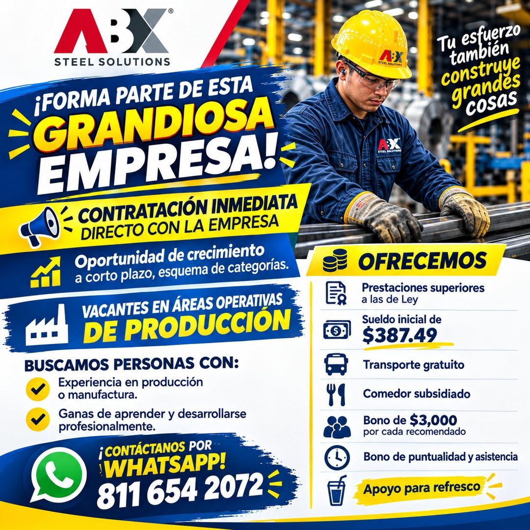 Banner del anuncio de la vacante: STEEL SOLUTIONS · ¡FORMA PARTE DE ESTA · GRANDIOSA · EMPRESA!- · CONTRATACIÓN INMEDIATA · •DIRECTO CON LA EMPRESA · Oportunidad de crecimien