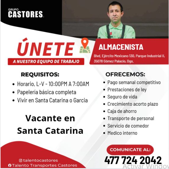 Banner del anuncio de la vacante: GRUPO · CASTORES. · ÚNETE · A NUESTRO EQUIPO DE TRABAJO · REQUISITOS: · • Horario, L-V - 10:00PM A 7:00AM · • Papelería básica completa · • 