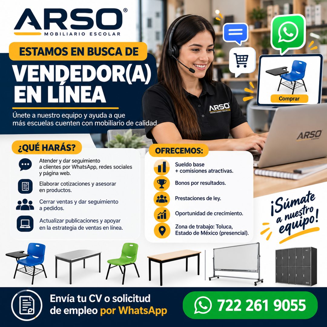 Banner del anuncio de la vacante: ARSO® · MOBILIARIO ESCOLAR · ESTAMOS EN BUSCA DE · VENDEDOR(A) · EN LINEA · Únete a nuestro equipo y ayuda a que · más escuelas cuenten con 
